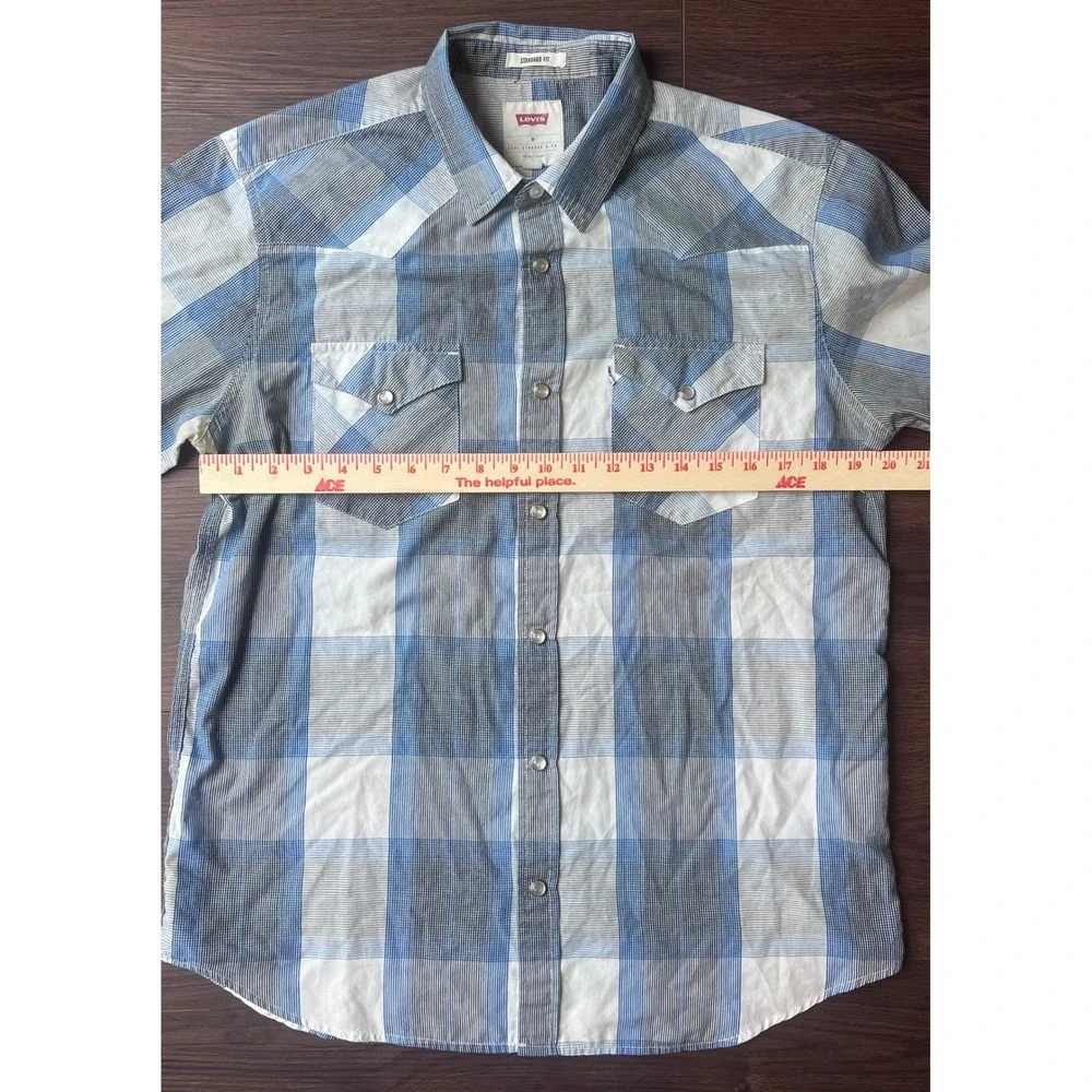 Levis Mens Western Shirt Blue White Plaid Pearl Snap Standard Fit M Long Slv